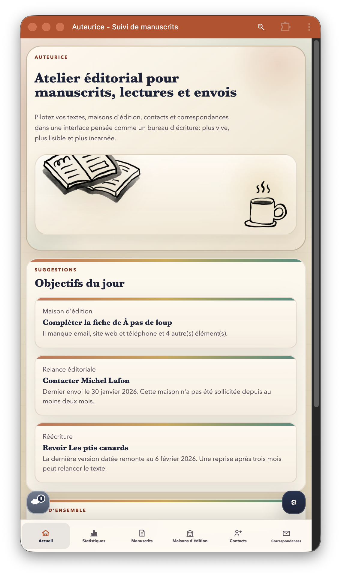 Auteur.ice : accueil et objectifs du jour pour le suivi des manuscrits