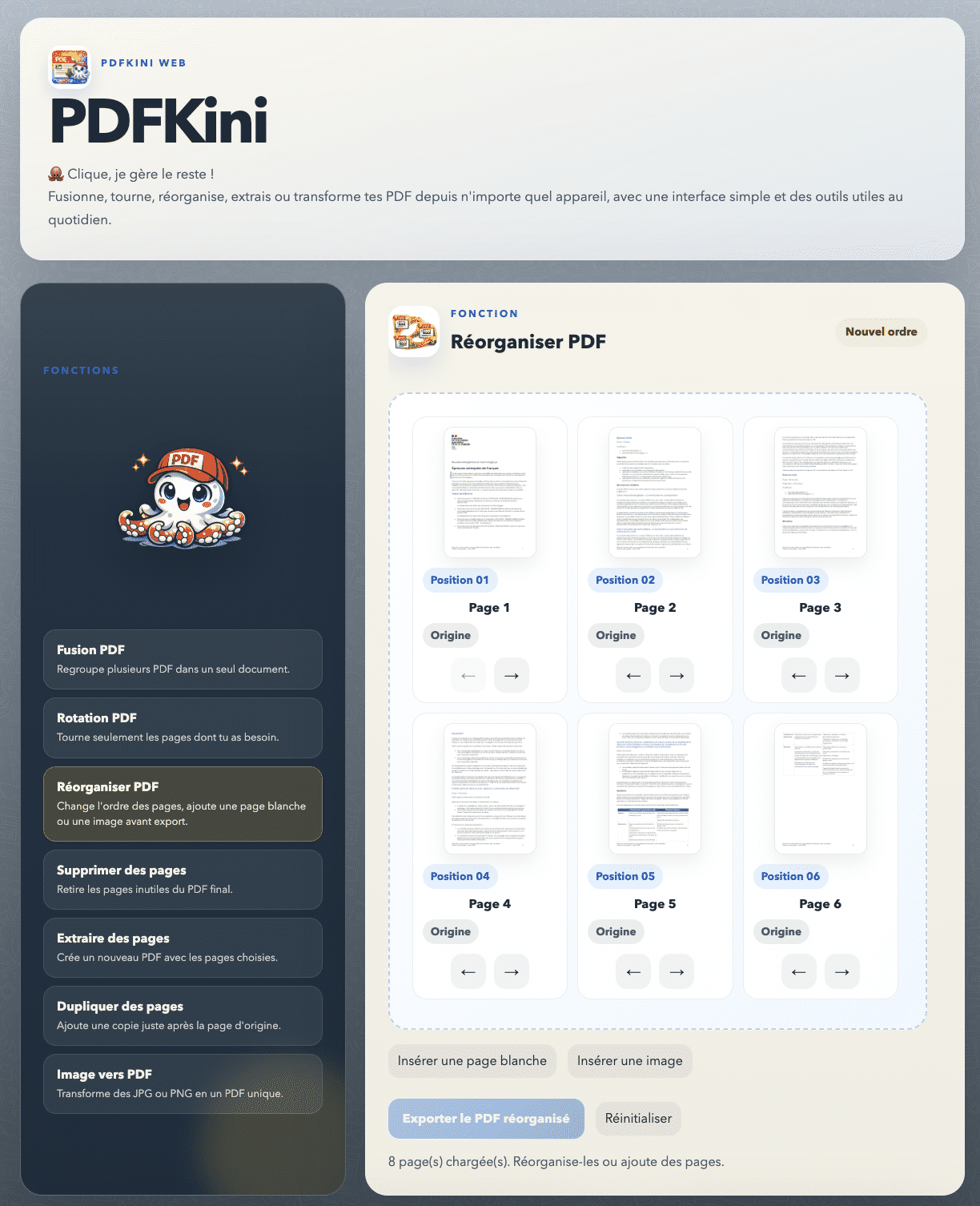 Aperçu PDFKini - organiser les pages