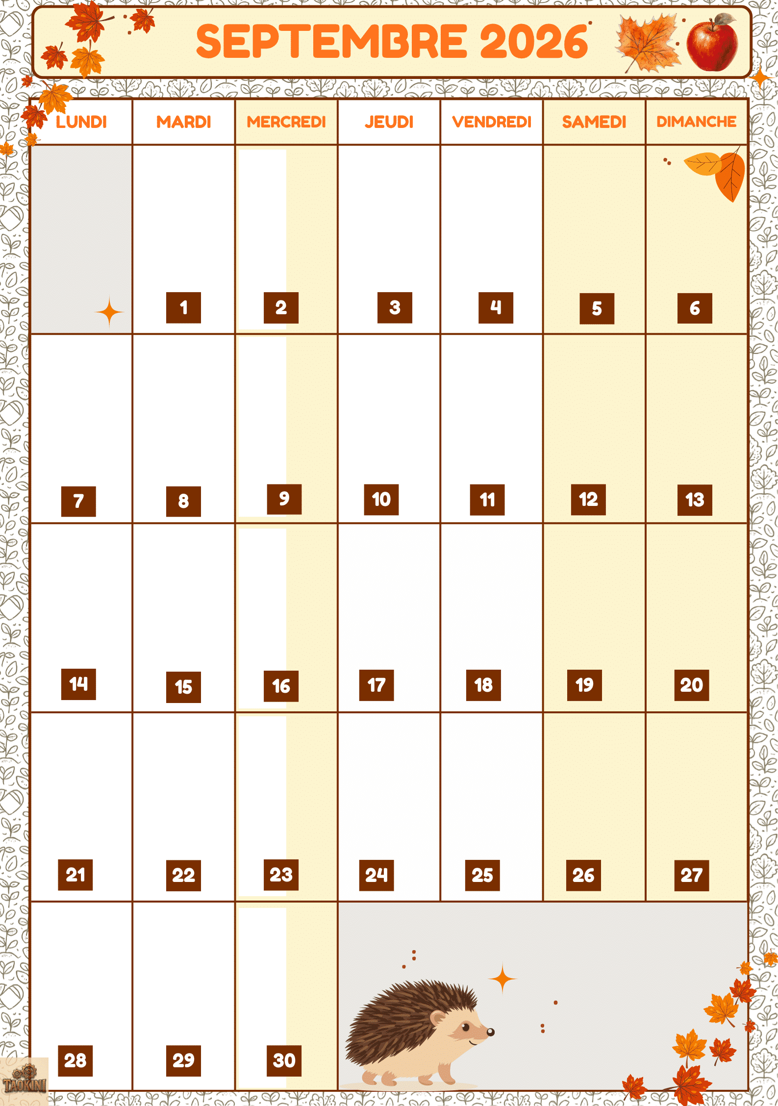 Aperçu du calendrier de septembre 2026